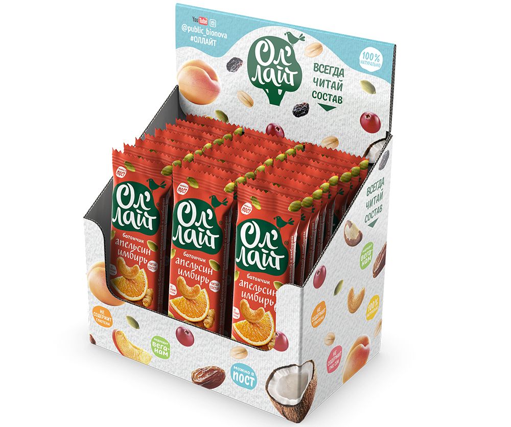 Купить фруктово-ореховые батончики бокс ол'лайт® апельсин & имбирь - 25 шт. от производителя